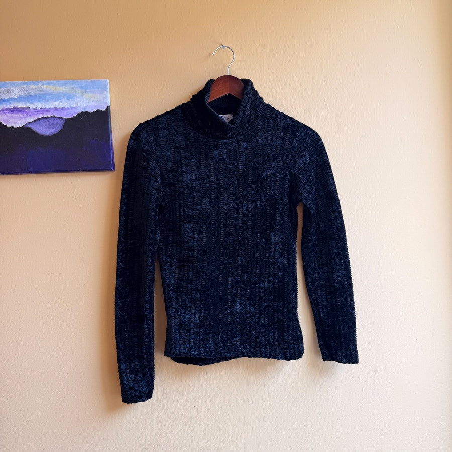 Black Fuzzy Ribbed Turtleneck Sweater Crushed Velvet Size Small