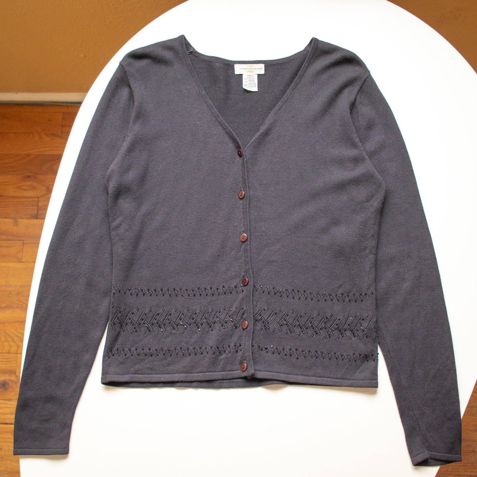 Black Beaded V-Neck Cotton-blend Cardigan Size Small