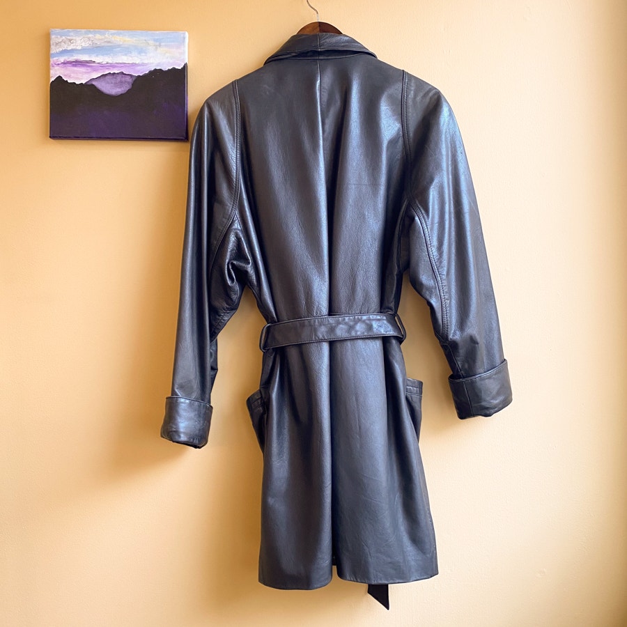 Black Leather Jacket Vintage Belted Robe Women's Size Medium