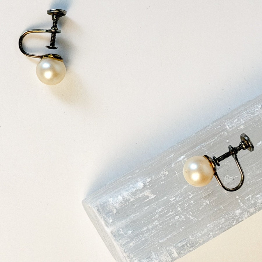 Screw-Back Glass Pearl Studs | Vintage Clip-Ons