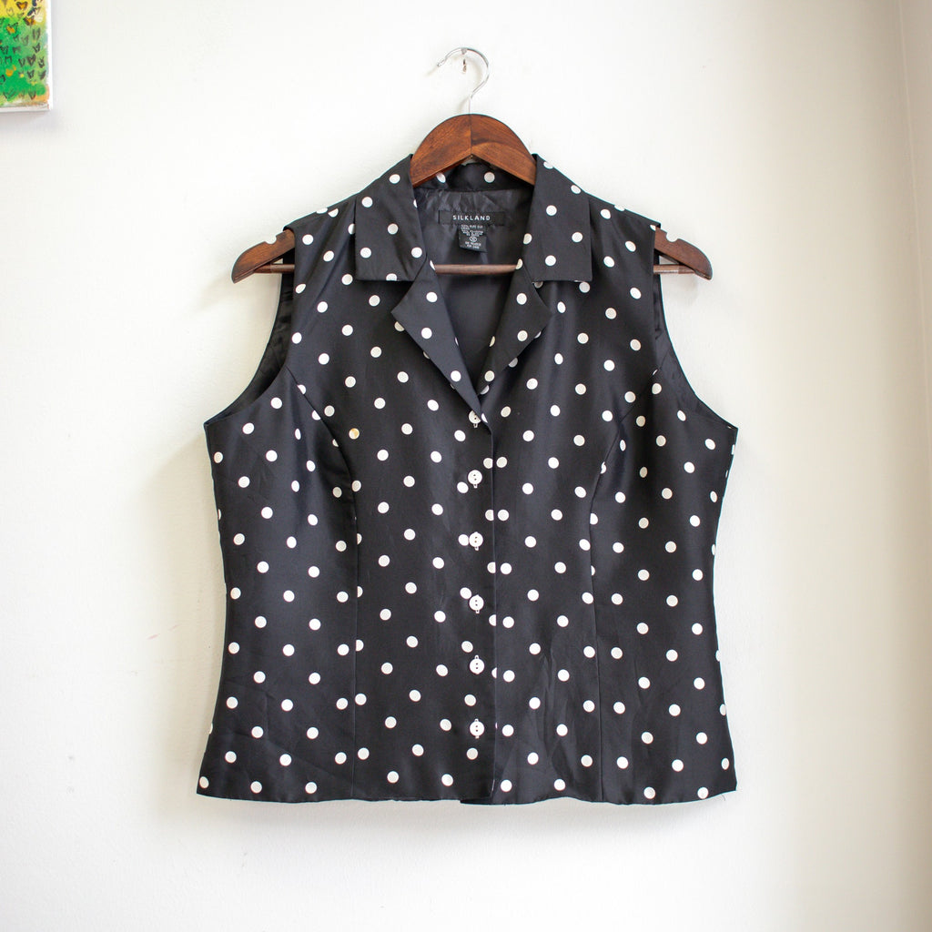 Vintage Silkland Black and White Polka-Dot Silk Sleeveless Top Size 10