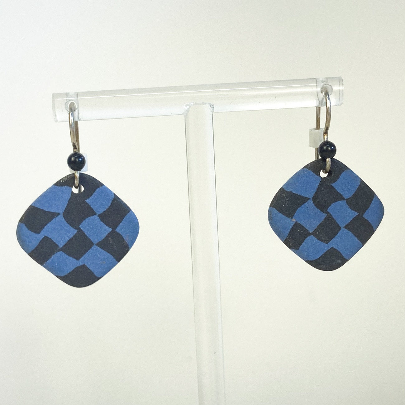 Checkered Blue Black Clay Dangle Earrings Grunge Whimsigoth