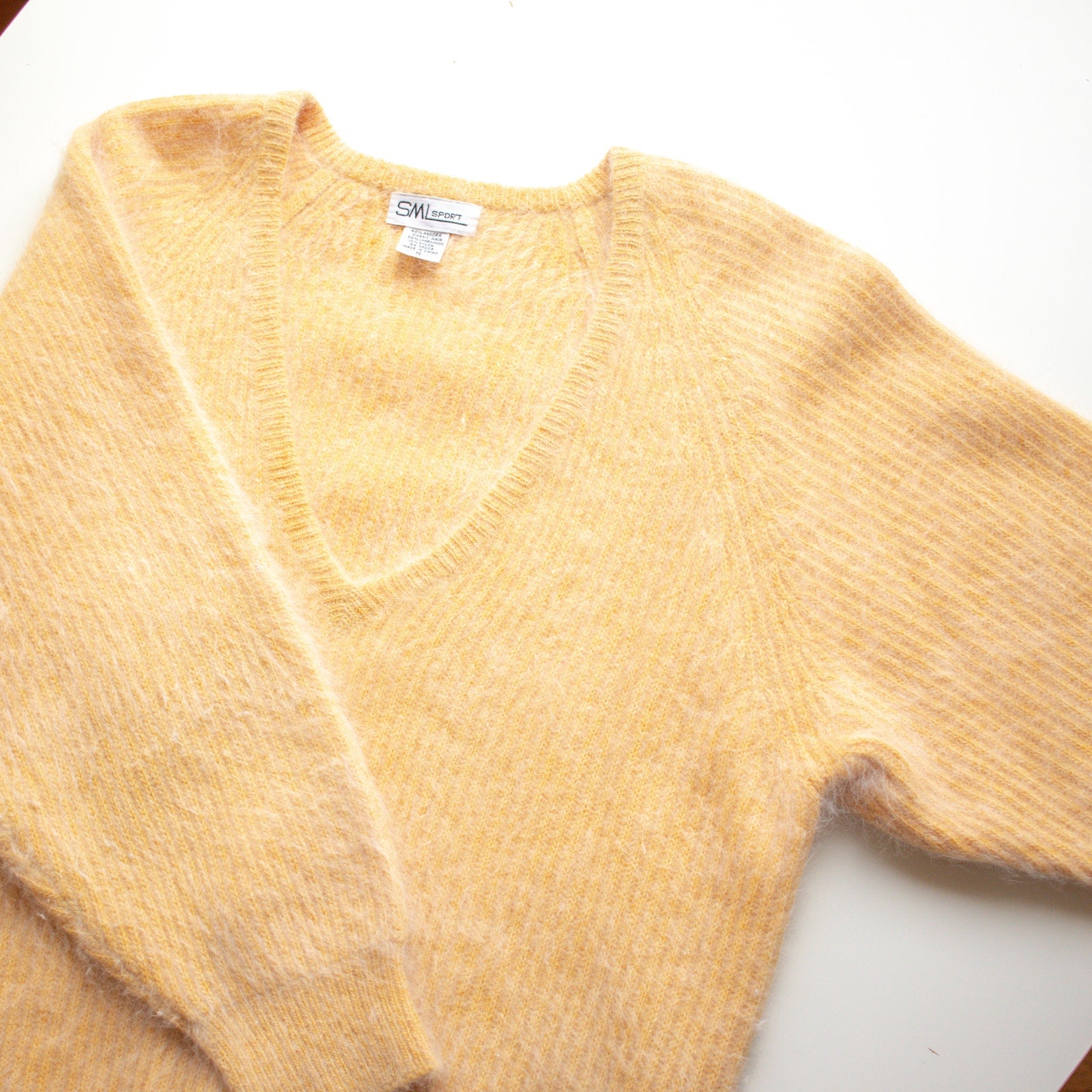 Vintage Angora Rabbit Hair Yellow Wool V-Neck Sweater Size Small