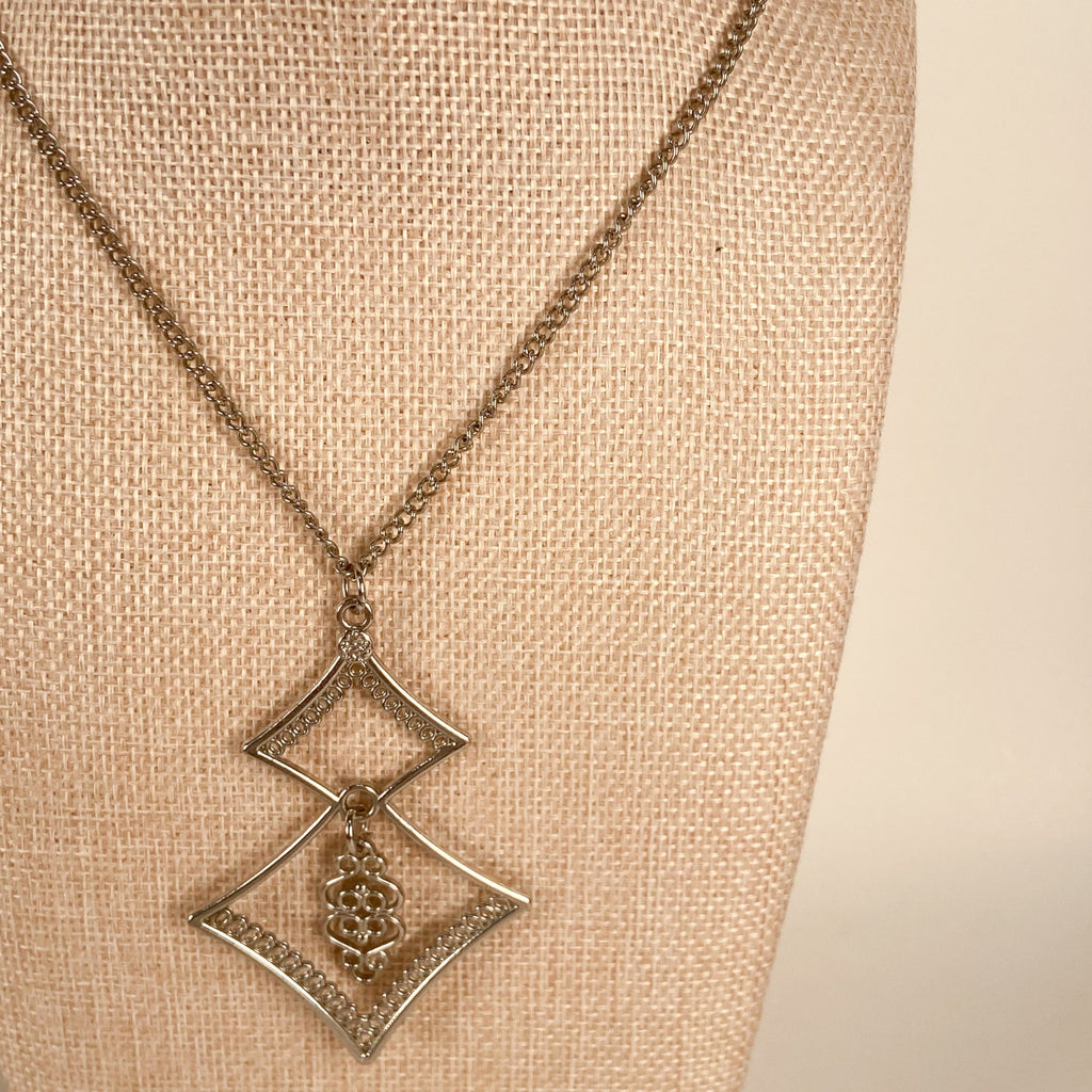 Silver Necklace Silver Tone Pendant Long Necklace