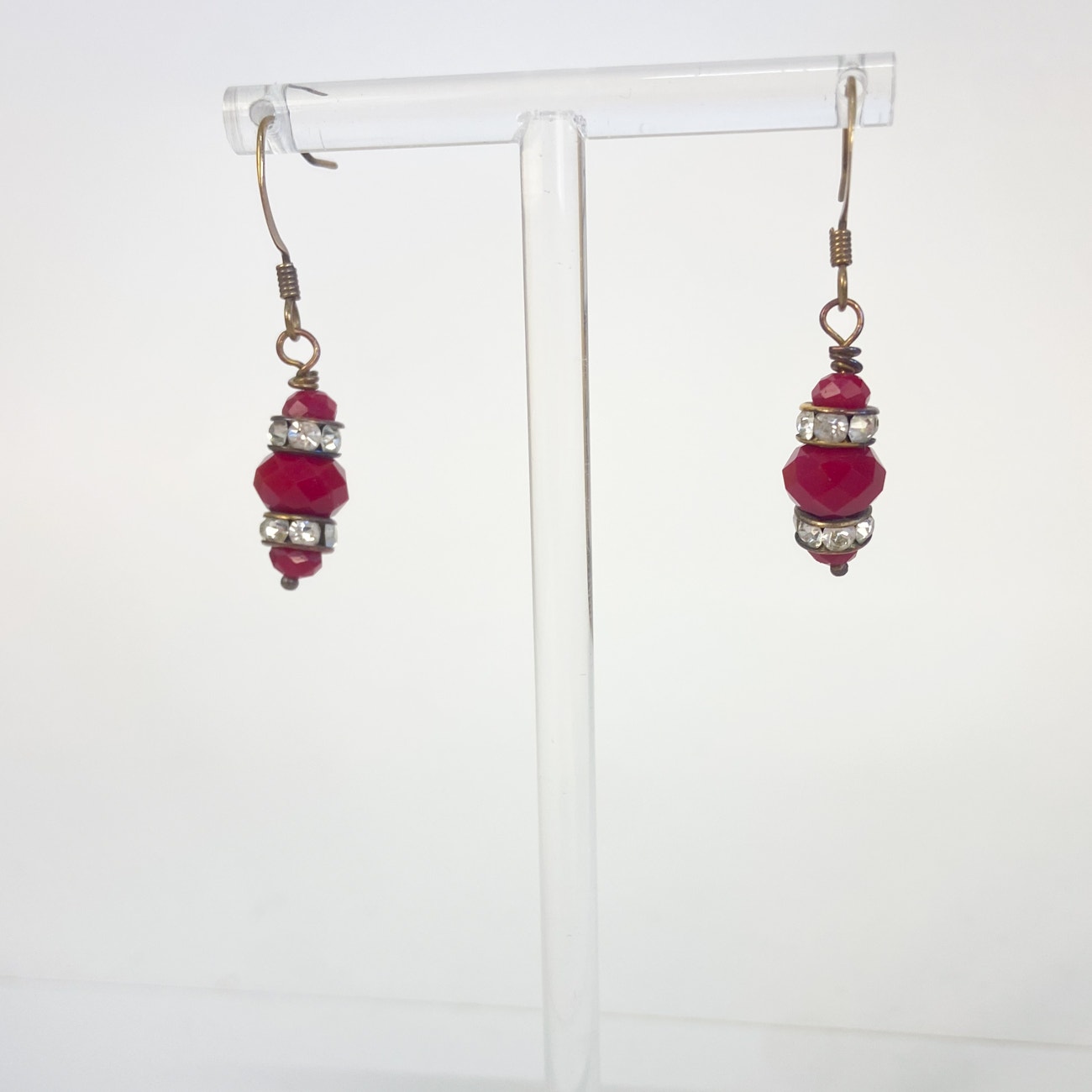 Red Earrings Dangly Red Bead and Rhinestone Gold Tone