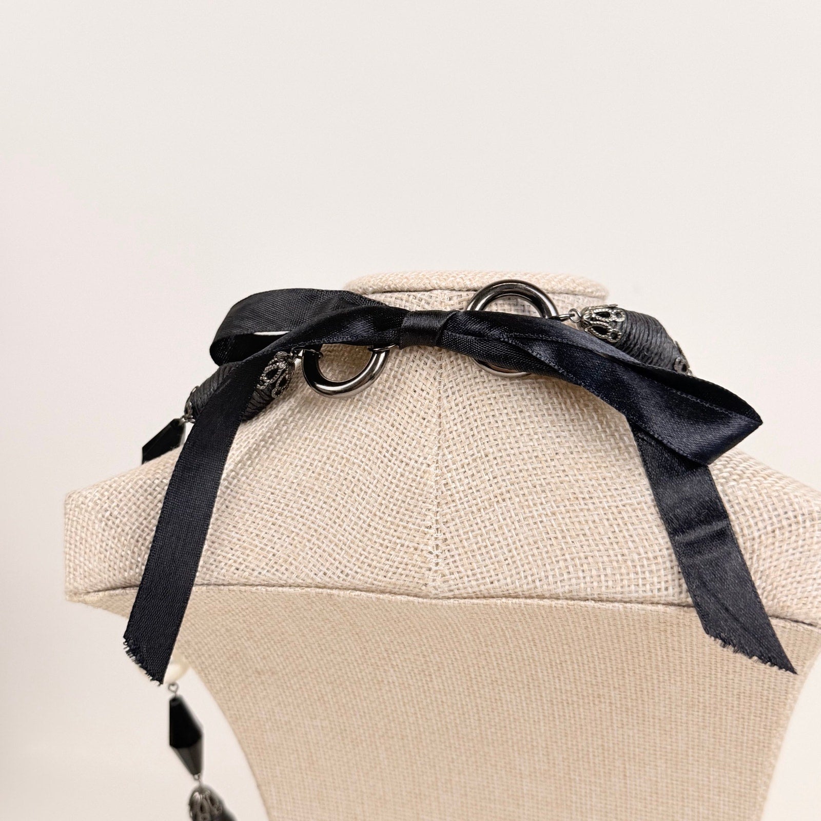 Tie Back Station Necklace Black and Pearlescent Beads Long Statement