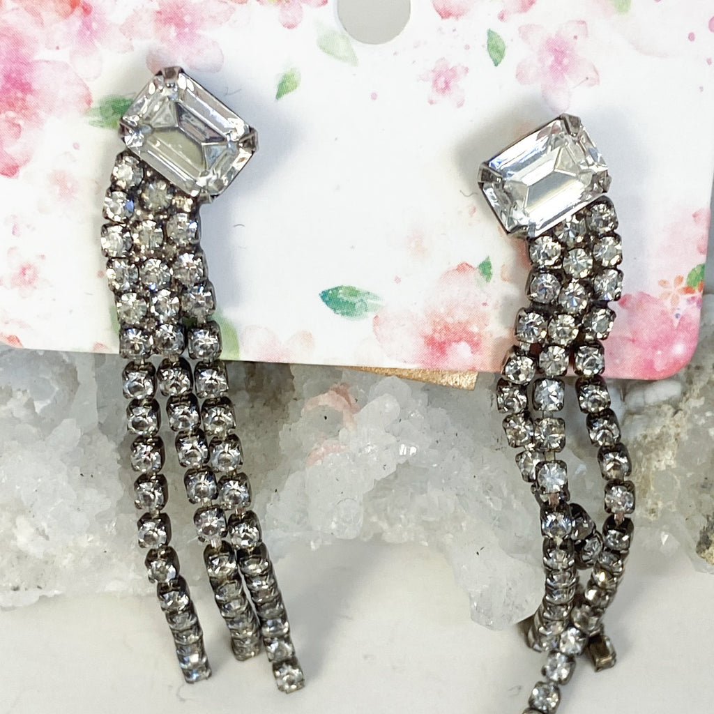 Silver Earrings Dangly Rhinestone Earrings Vintage 60s Sparkly