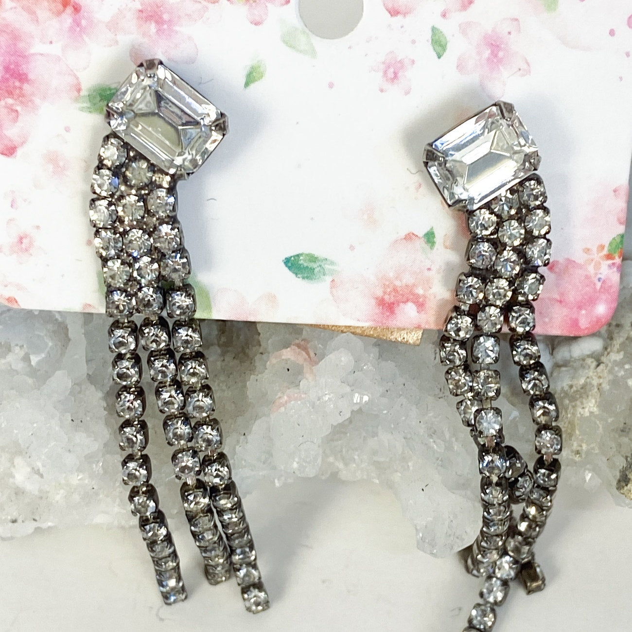 Silver Earrings Dangly Rhinestone Earrings Vintage 60s Sparkly