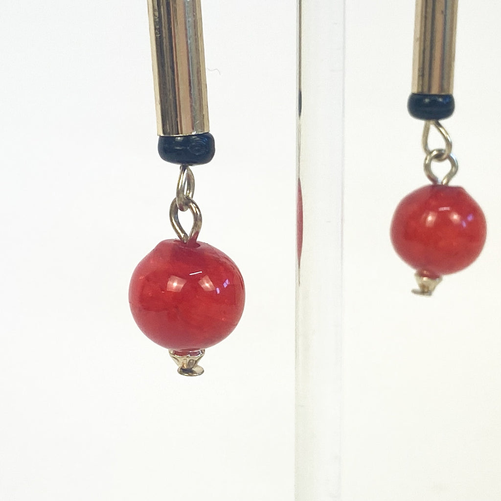 Gold and Red Dangly Earrings with Black Accents