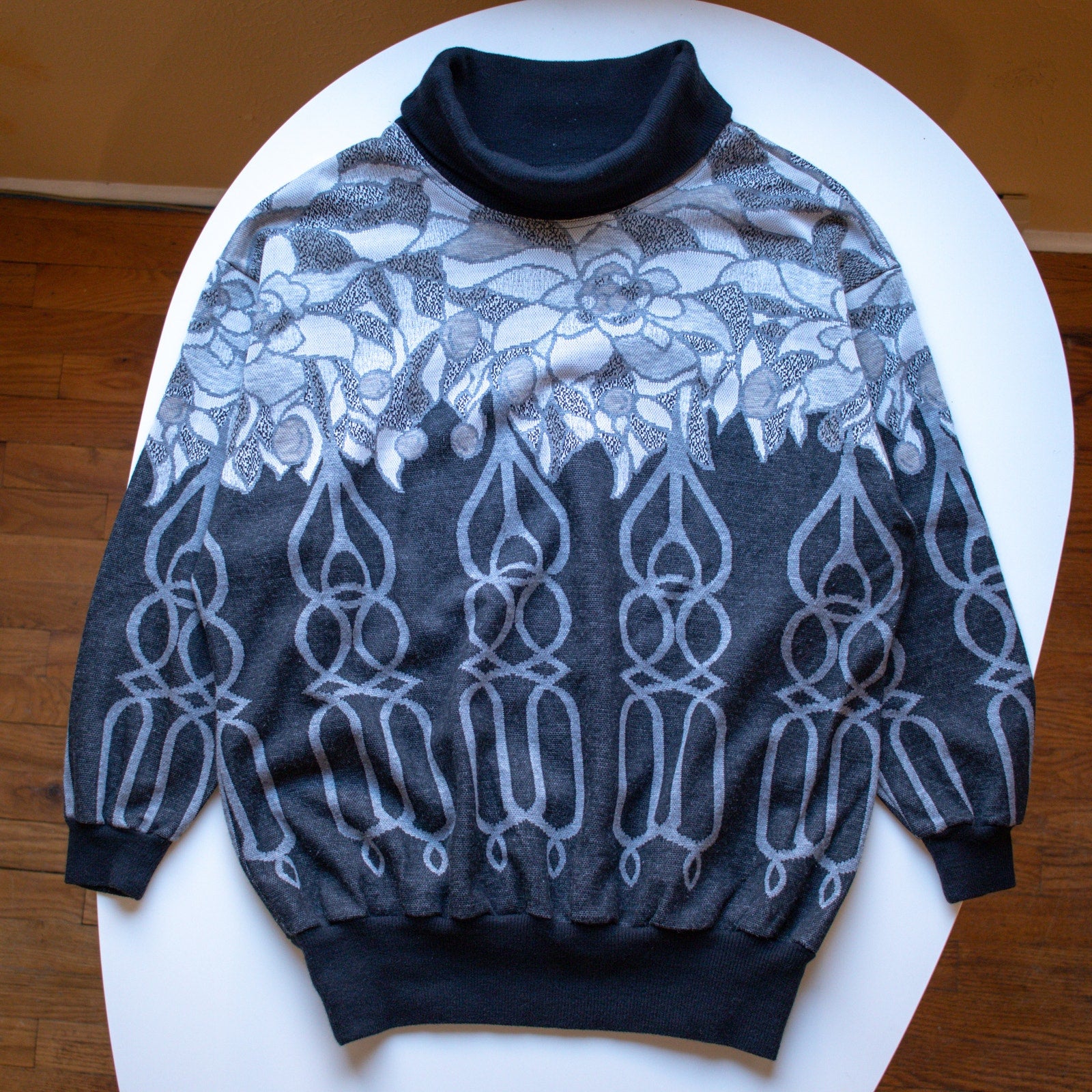 Women's Vintage 90s Patterned Black and Gray Cowl Neck Sweater Size Large