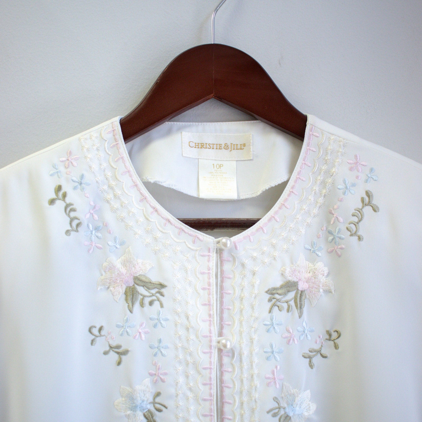 Vintage Christie & Jill Floral Embroidered Silky Button-up Blouse Size 10