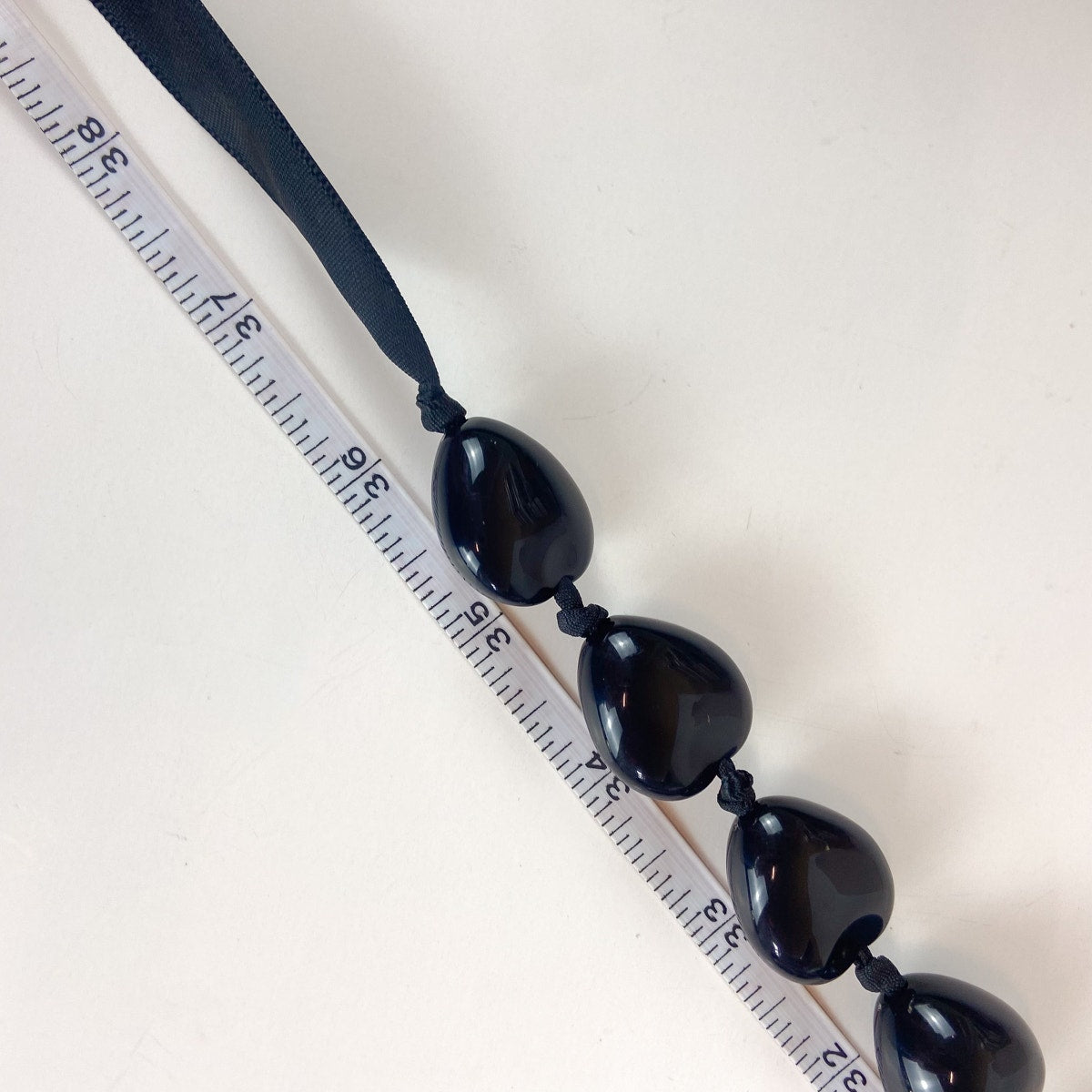Hand Knotted Black Ribbon Tie Beaded Necklace