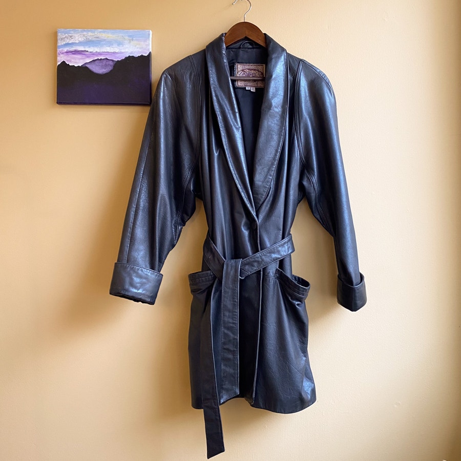 Black Leather Jacket Vintage Belted Robe Women's Size Medium