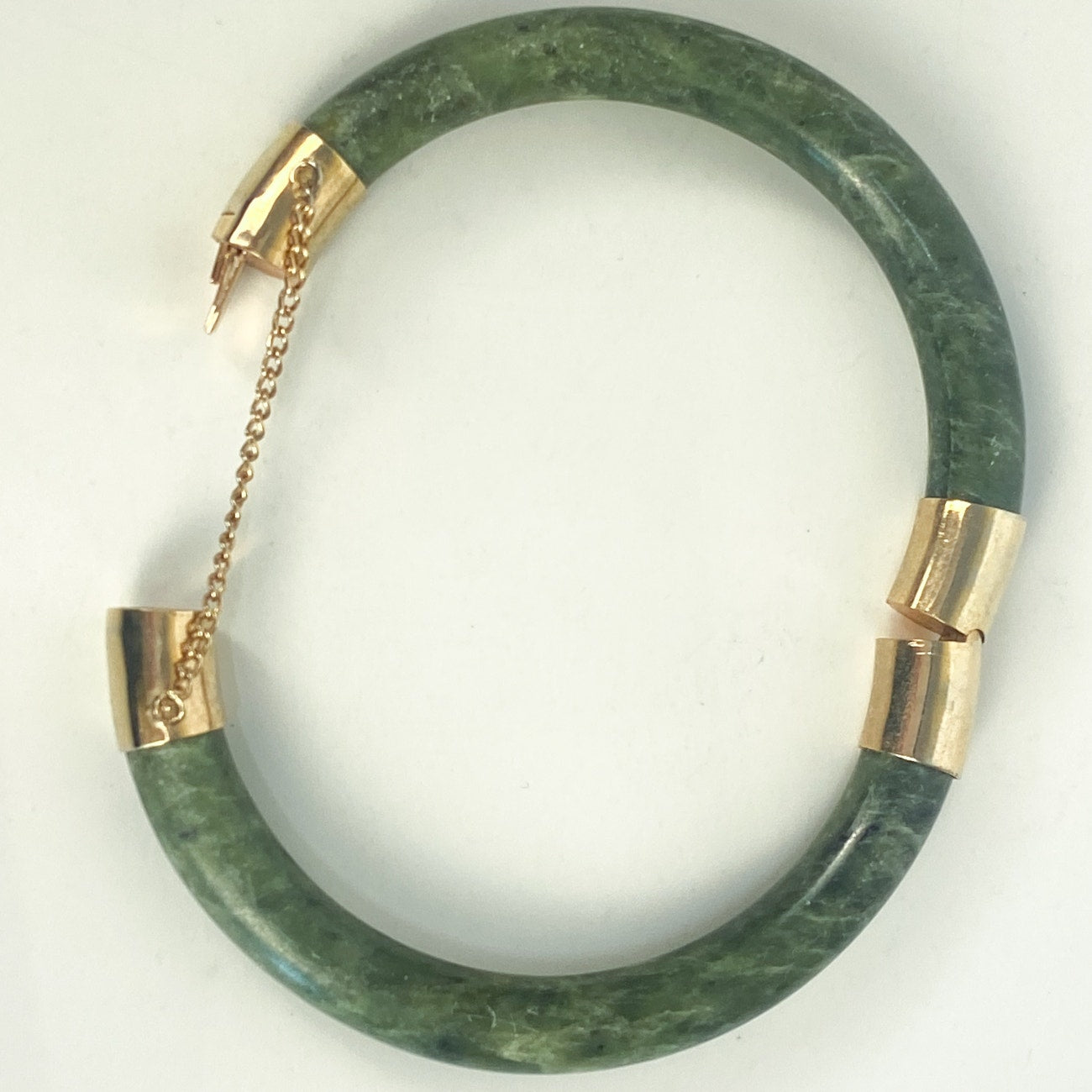 Vintage Chinese Spinach Jade Bangle Bracelet With Gold-Plated Clasp