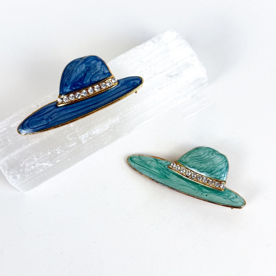 2 Blue Brooches Crystal and Hand Painted Enamel Hat Brooches