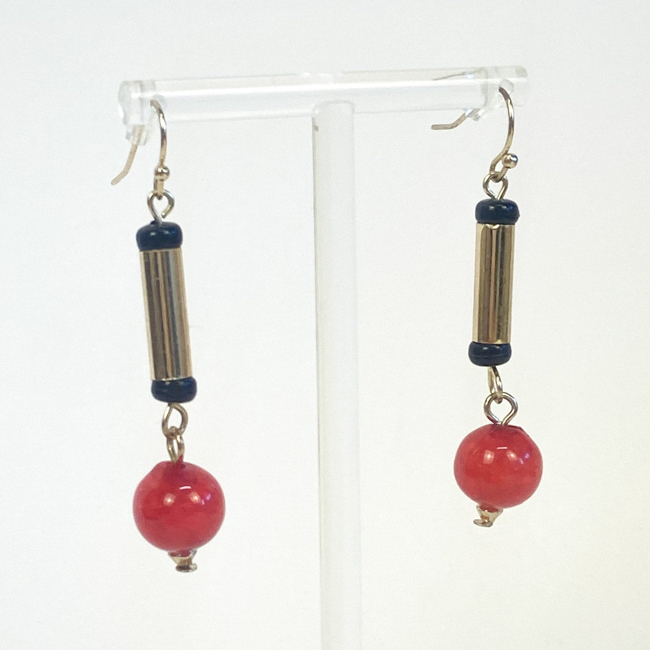 Gold and Red Dangly Earrings with Black Accents