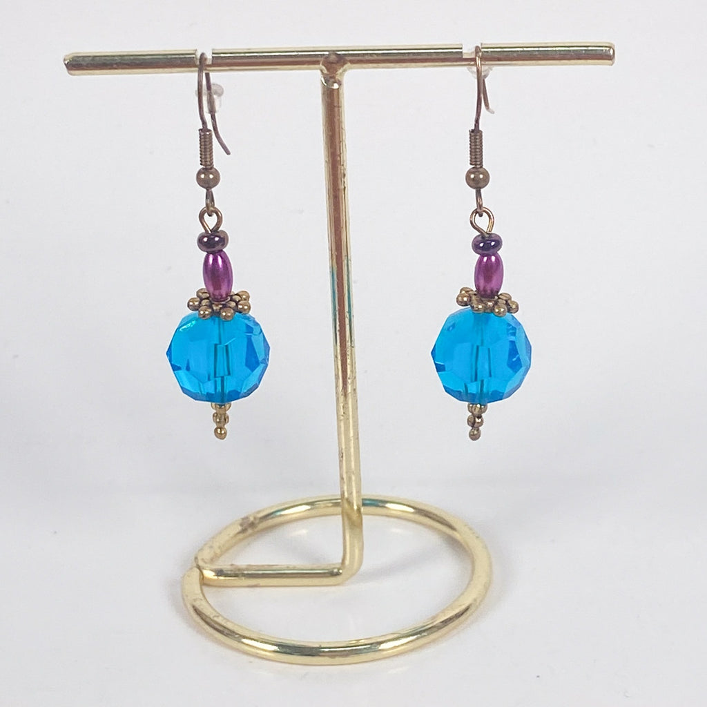 Blue Purple and Gold Bead Dangly Earrings