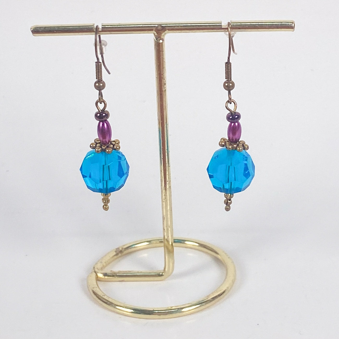 Blue Purple and Gold Bead Dangly Earrings
