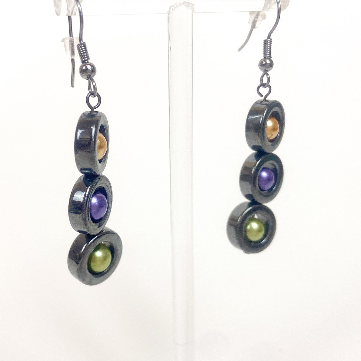 Hematite Colorful Bead Earrings Gunmetal Gray