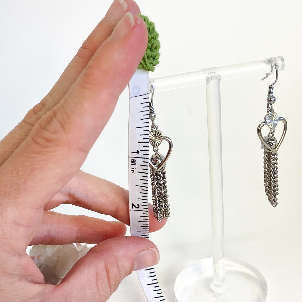 Silver Earrings | Dangly Silver Tassel Heart Earrings