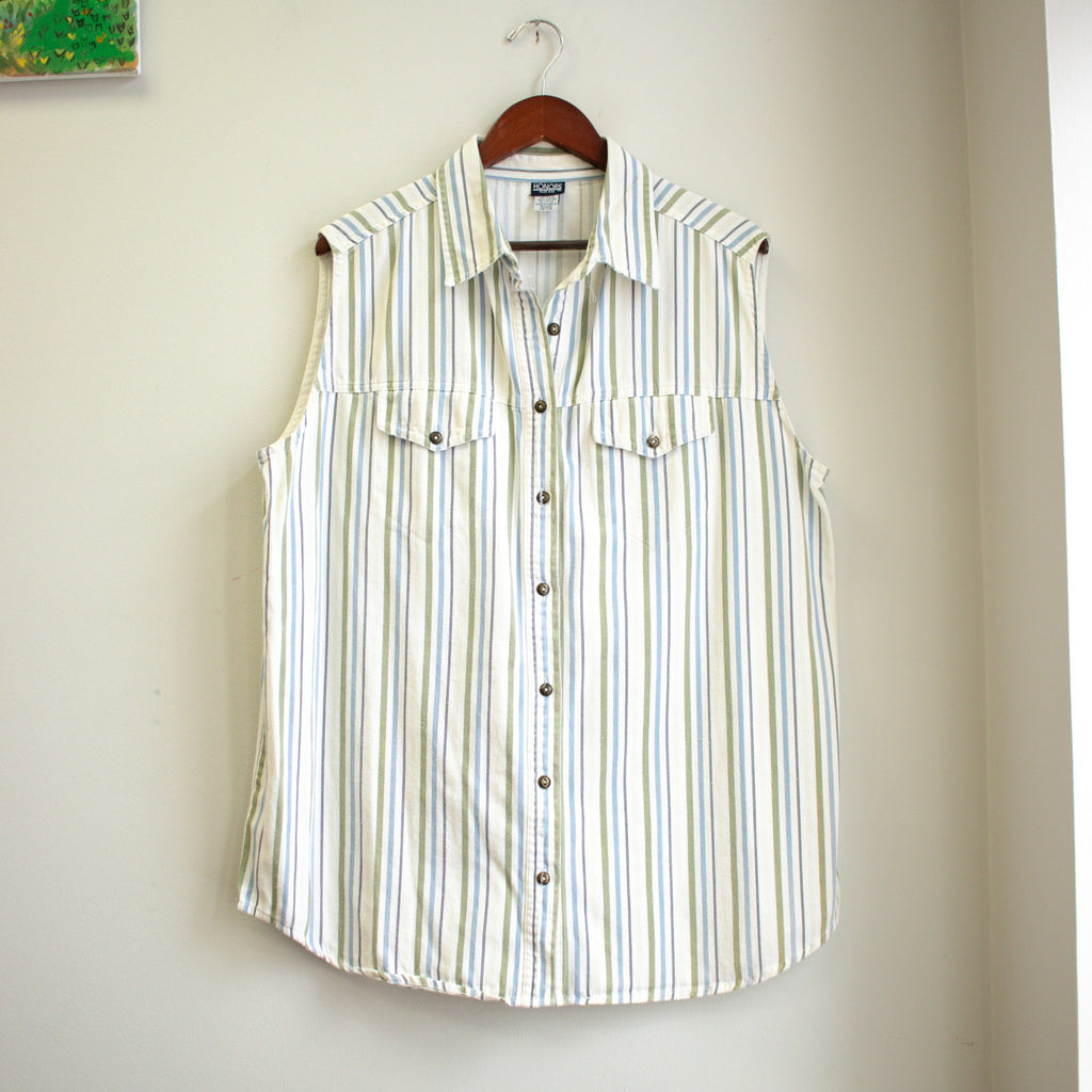 Women's Striped Summer Top Sleeveless Button-up 40/20W Green and Blue Striped
