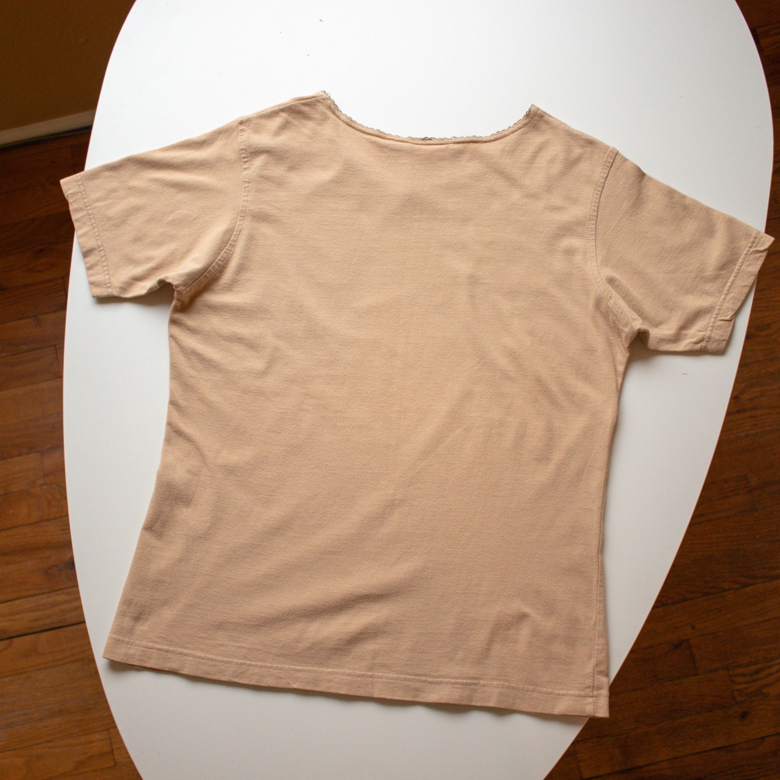 Vintage Cape Isle Knitters 100% Cotton T-shirt Dainty Lace Collar Beige Tee