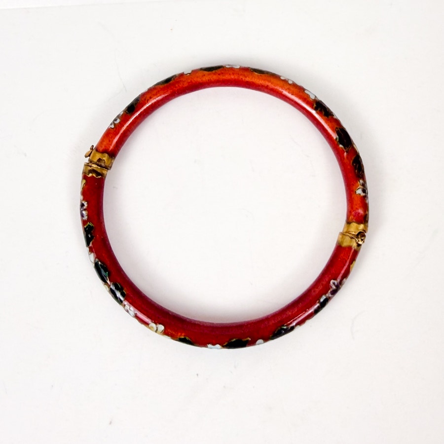 Vintage Red Green/Gold/Blue/White Cloisonné Hinged Bangle Bracelet Floral