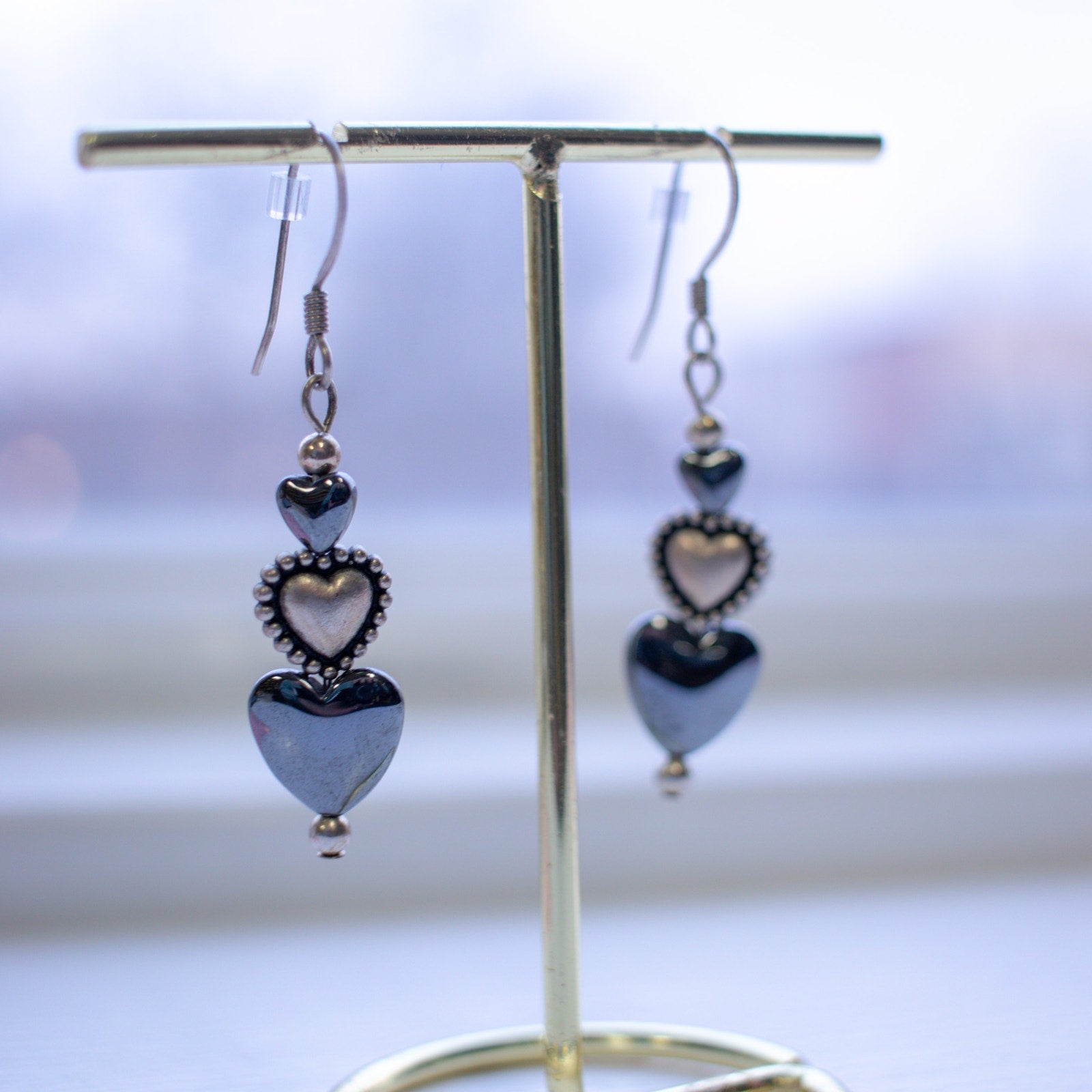 Silver Beaded Heart Dangle Earrings
