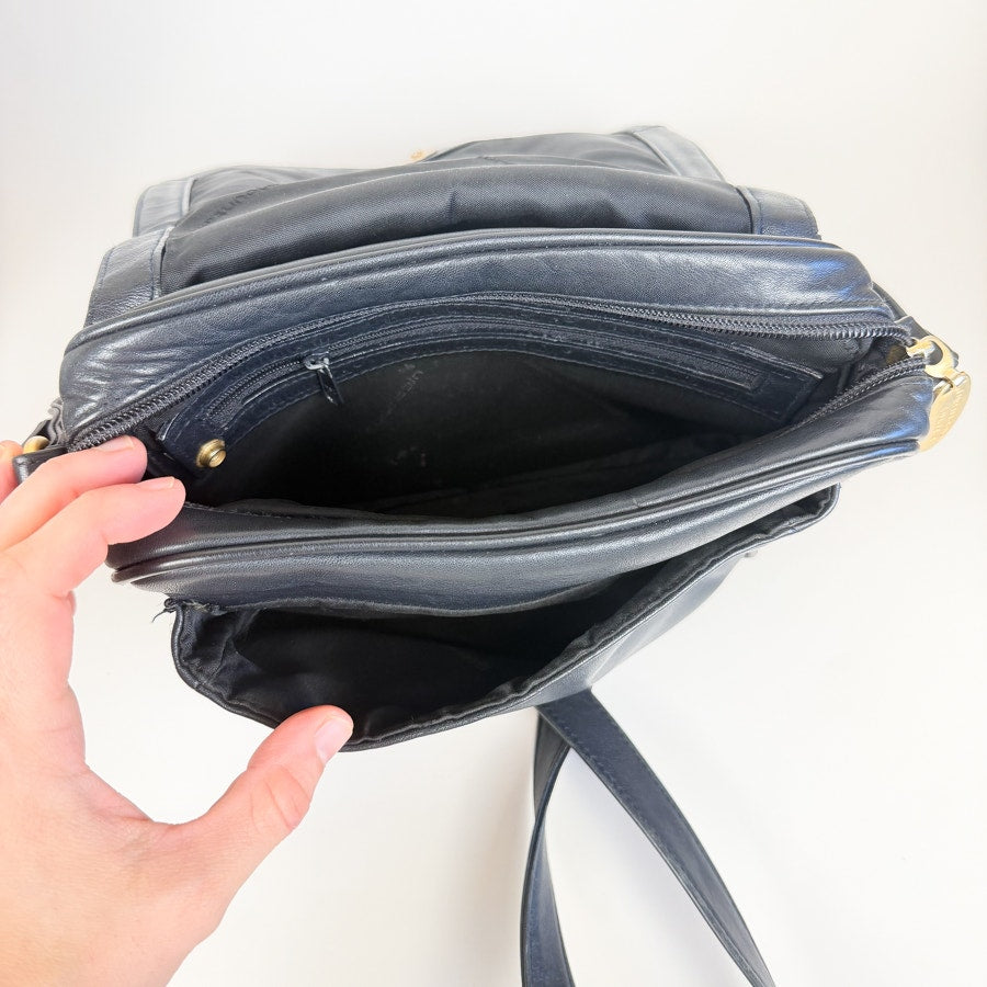 Navy Leather Crossbody Bag with Gold-Tone Hardware