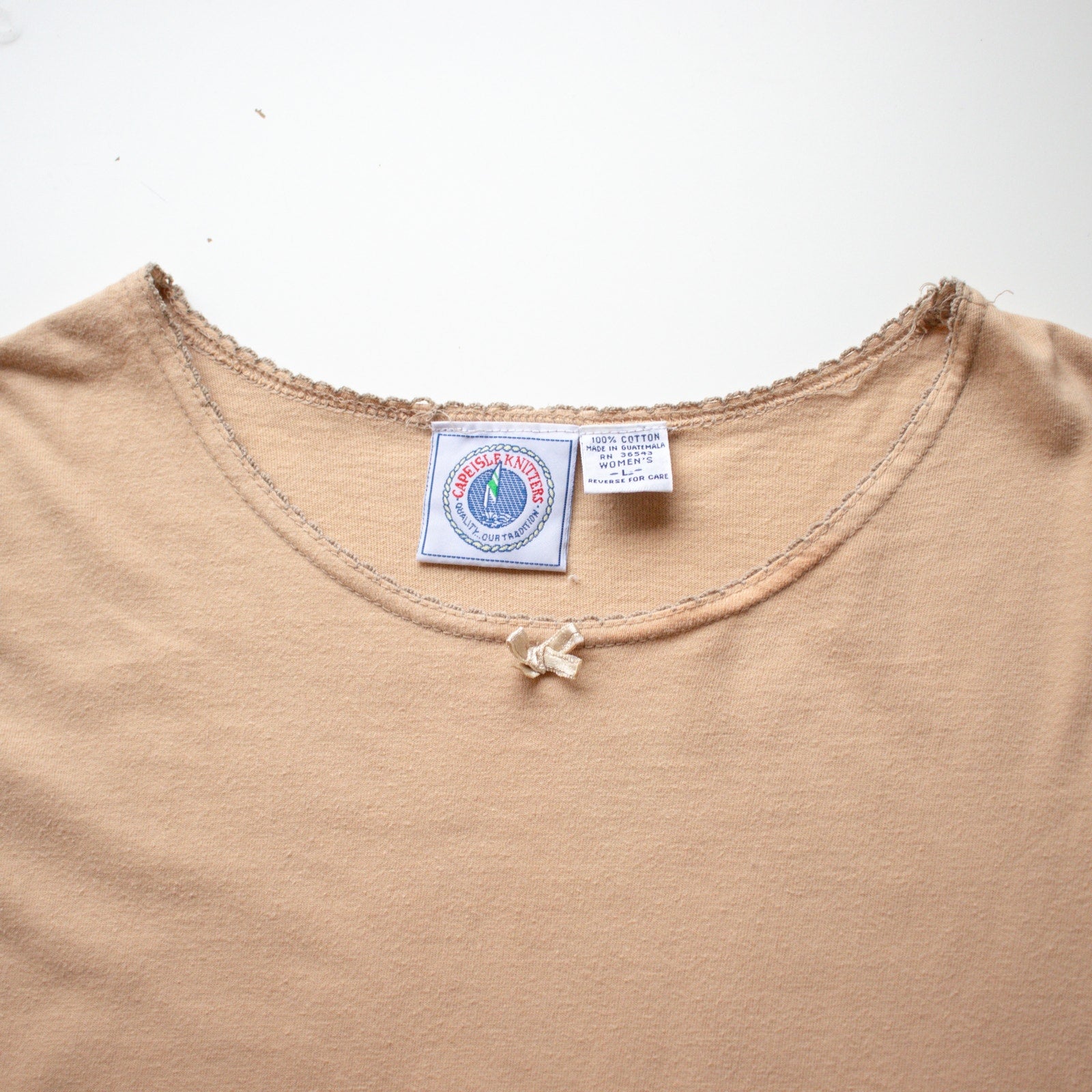Vintage Cape Isle Knitters 100% Cotton T-shirt Dainty Lace Collar Beige Tee