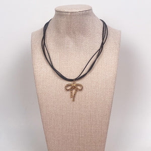 Gold with Pink Rhinestones Bow Necklace