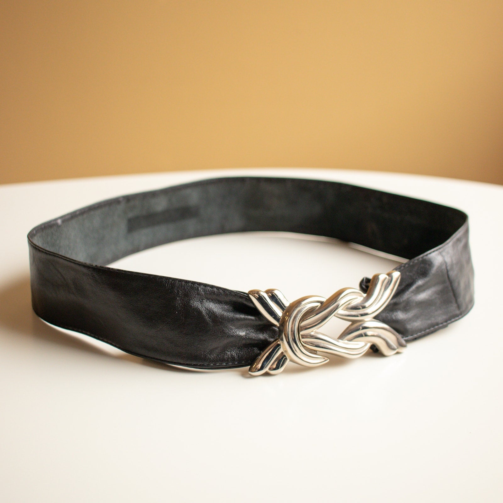 80s Vintage Black Genuine Leather Waist Belt