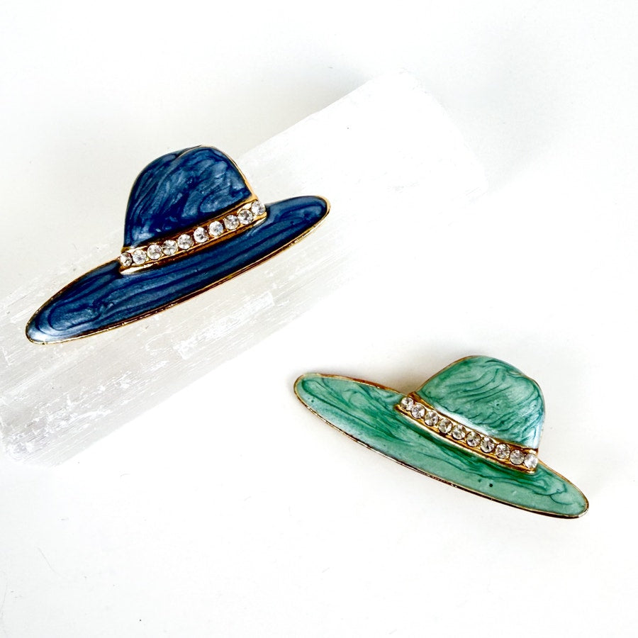 2 Blue Brooches Crystal and Hand Painted Enamel Hat Brooches