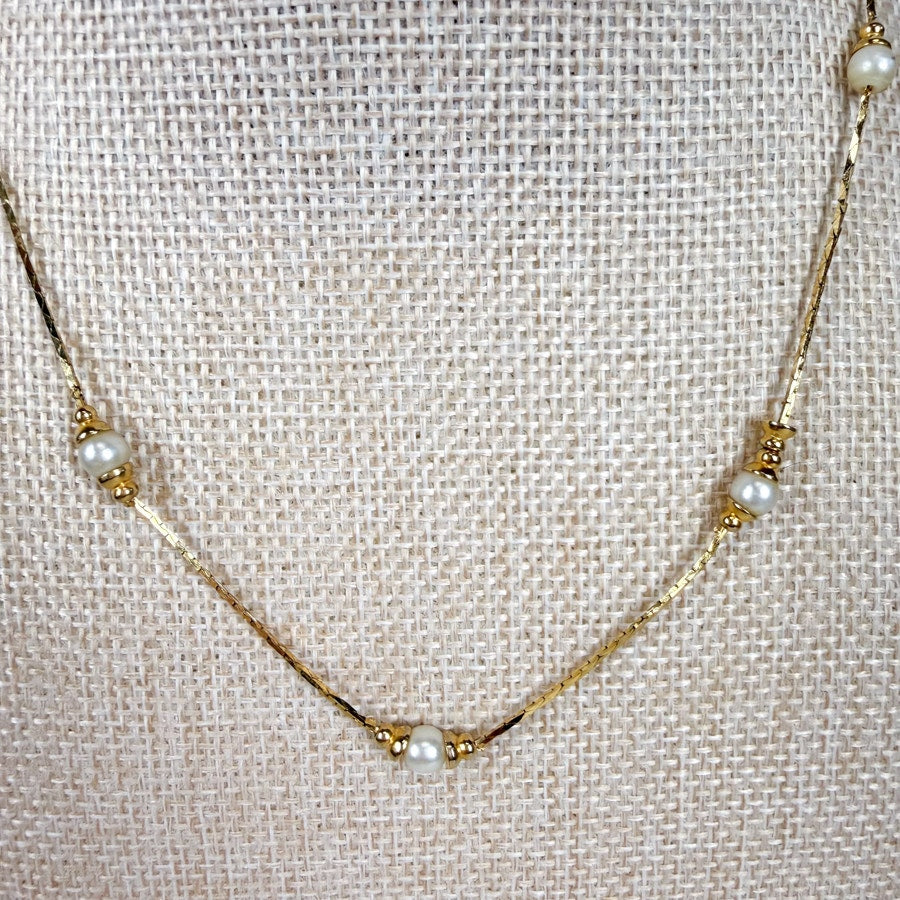 Delicate Station Necklace Pearlescent Beads Gold-Tone