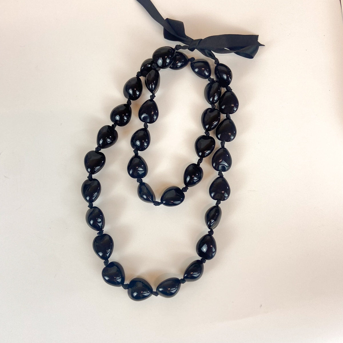 Hand Knotted Black Ribbon Tie Beaded Necklace