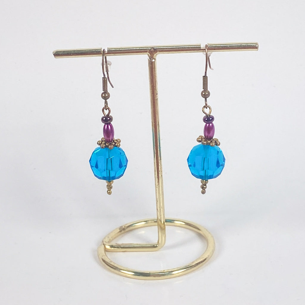 Blue Purple and Gold Bead Dangly Earrings