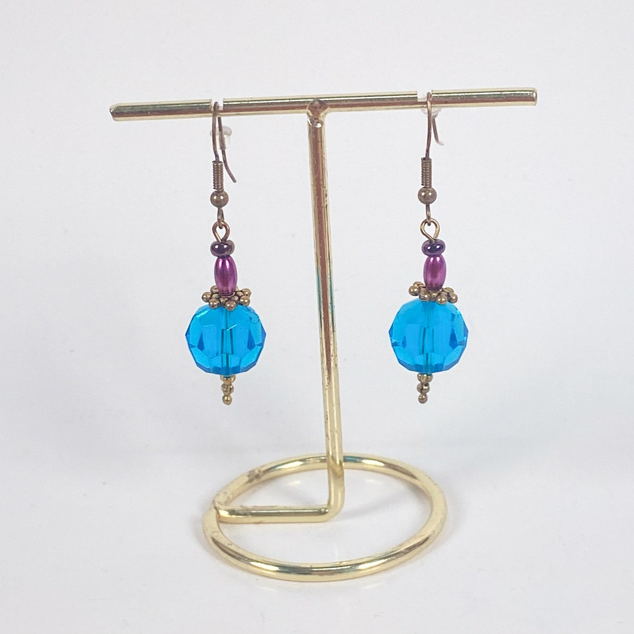 Blue Purple and Gold Bead Dangly Earrings
