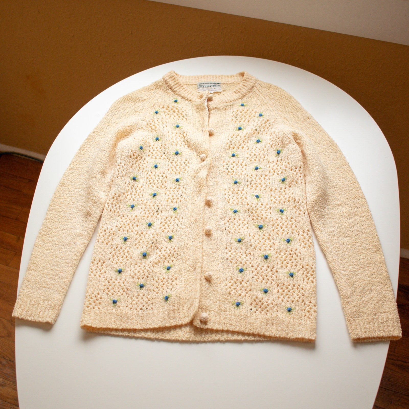 Vintage Butter Yellow Wool Blend Floral Cardigan Size Small