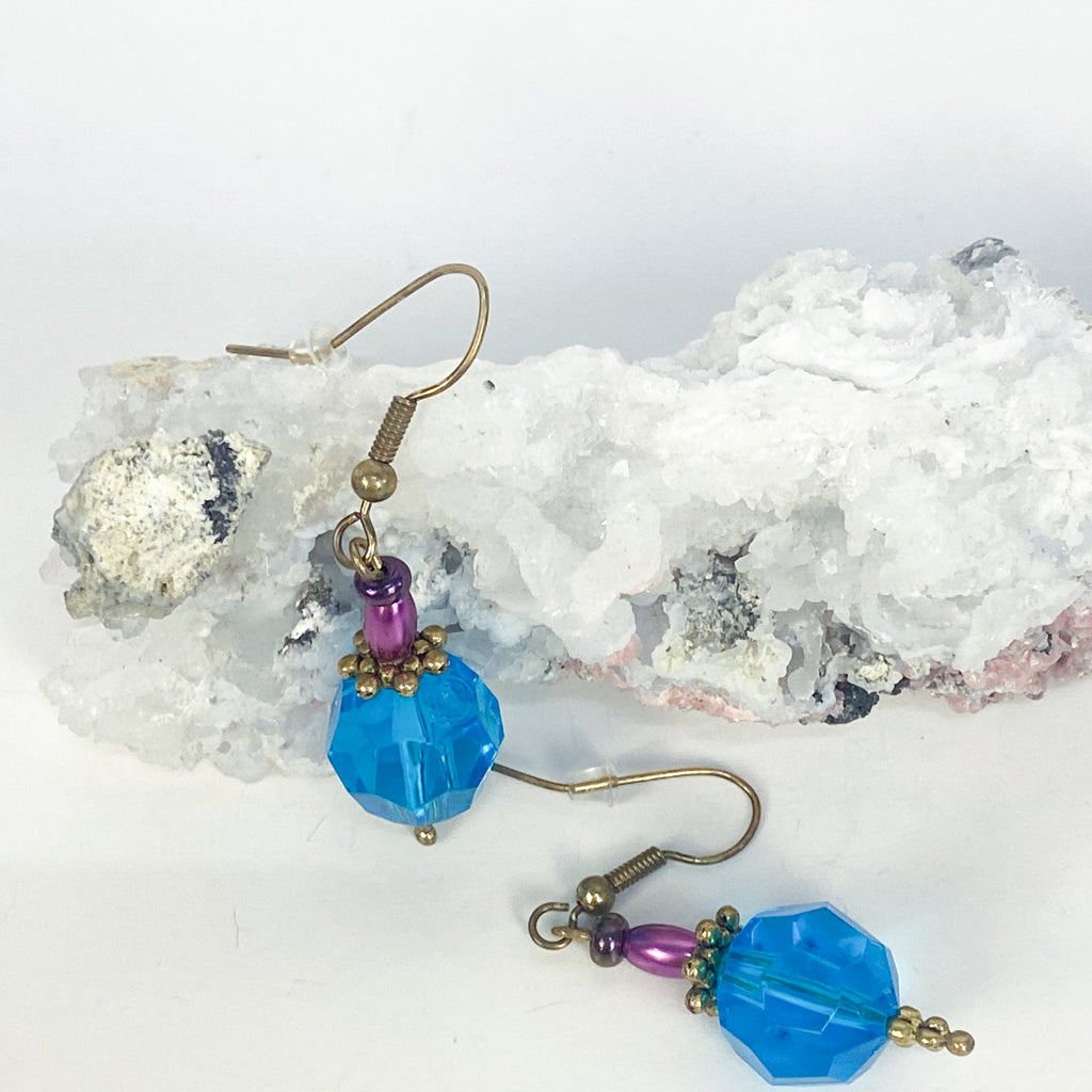 Blue Purple and Gold Bead Dangly Earrings