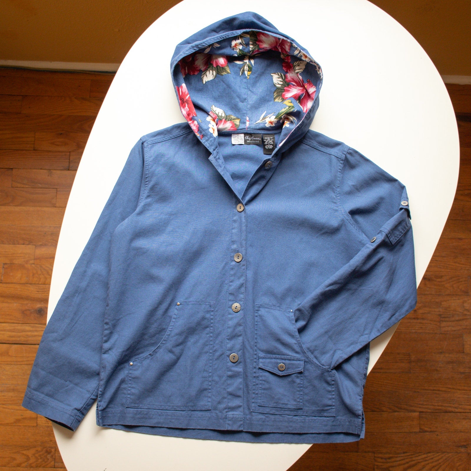 Vintage Floral Hooded Blue Button-up Chore Coat Jacket