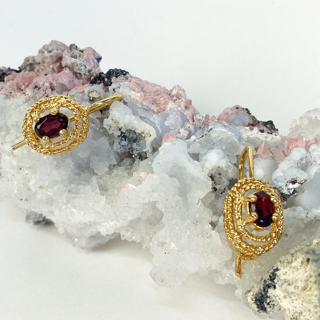 Tuscan Mom Aesthetic Garnet Earrings Victorian Bohemian Vintage Gold tone Estate Jewelry