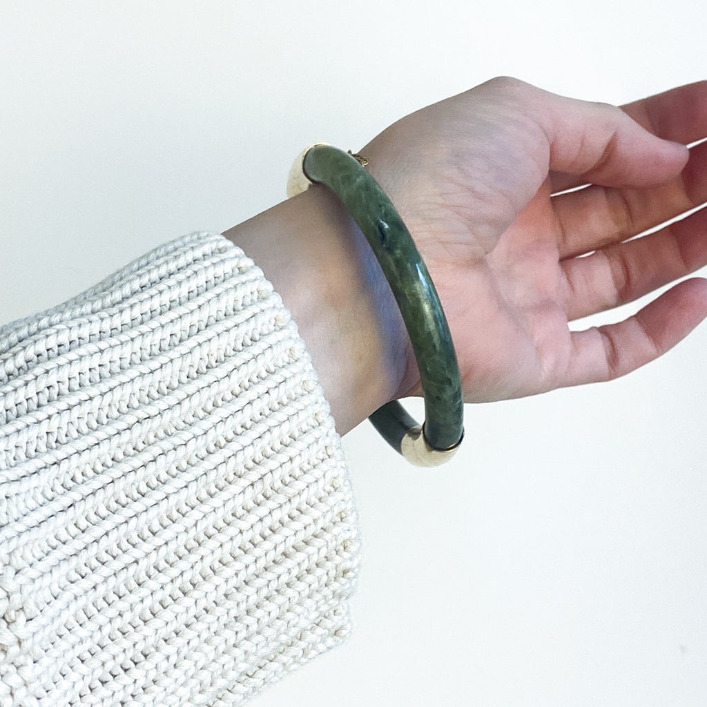 Vintage Chinese Spinach Jade Bangle Bracelet With Gold-Plated Clasp