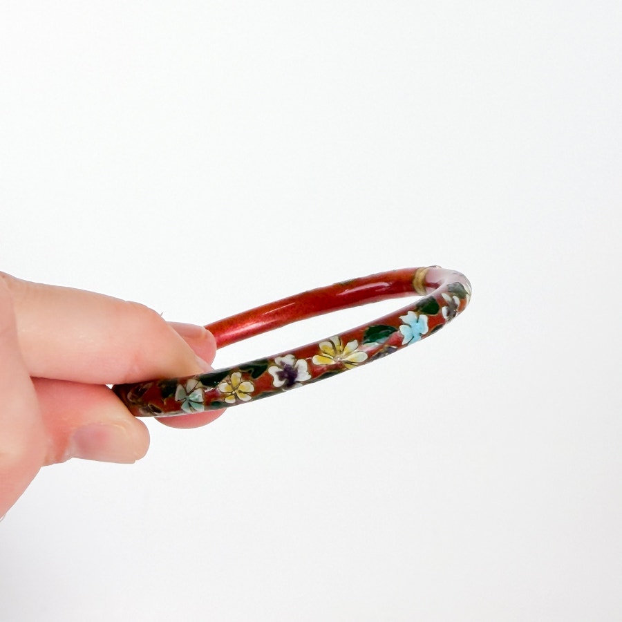 Vintage Red Green/Gold/Blue/White Cloisonné Hinged Bangle Bracelet Floral