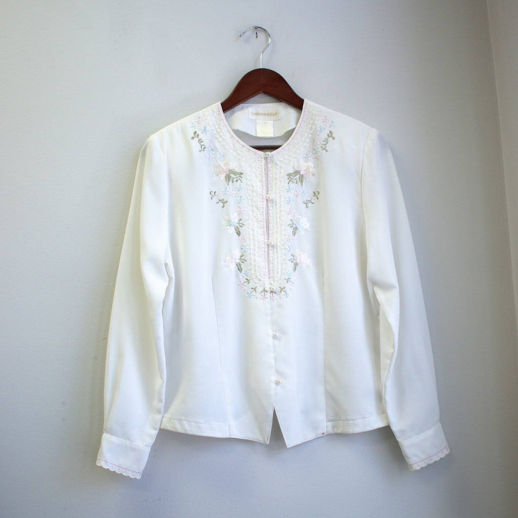Vintage Christie & Jill Floral Embroidered Silky Button-up Blouse Size 10