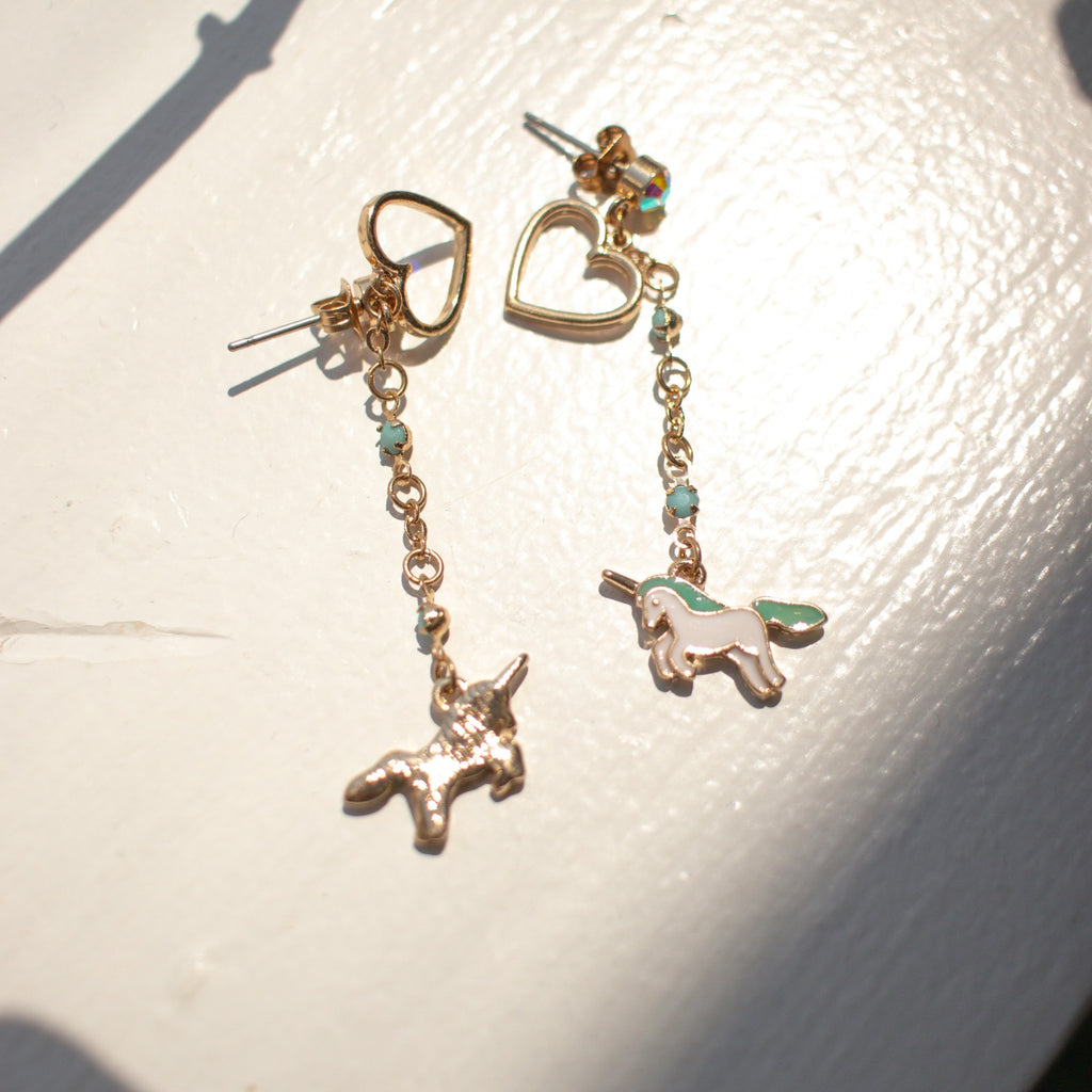 Bedazzled Unicorn Heart Gem Dangle Earrings