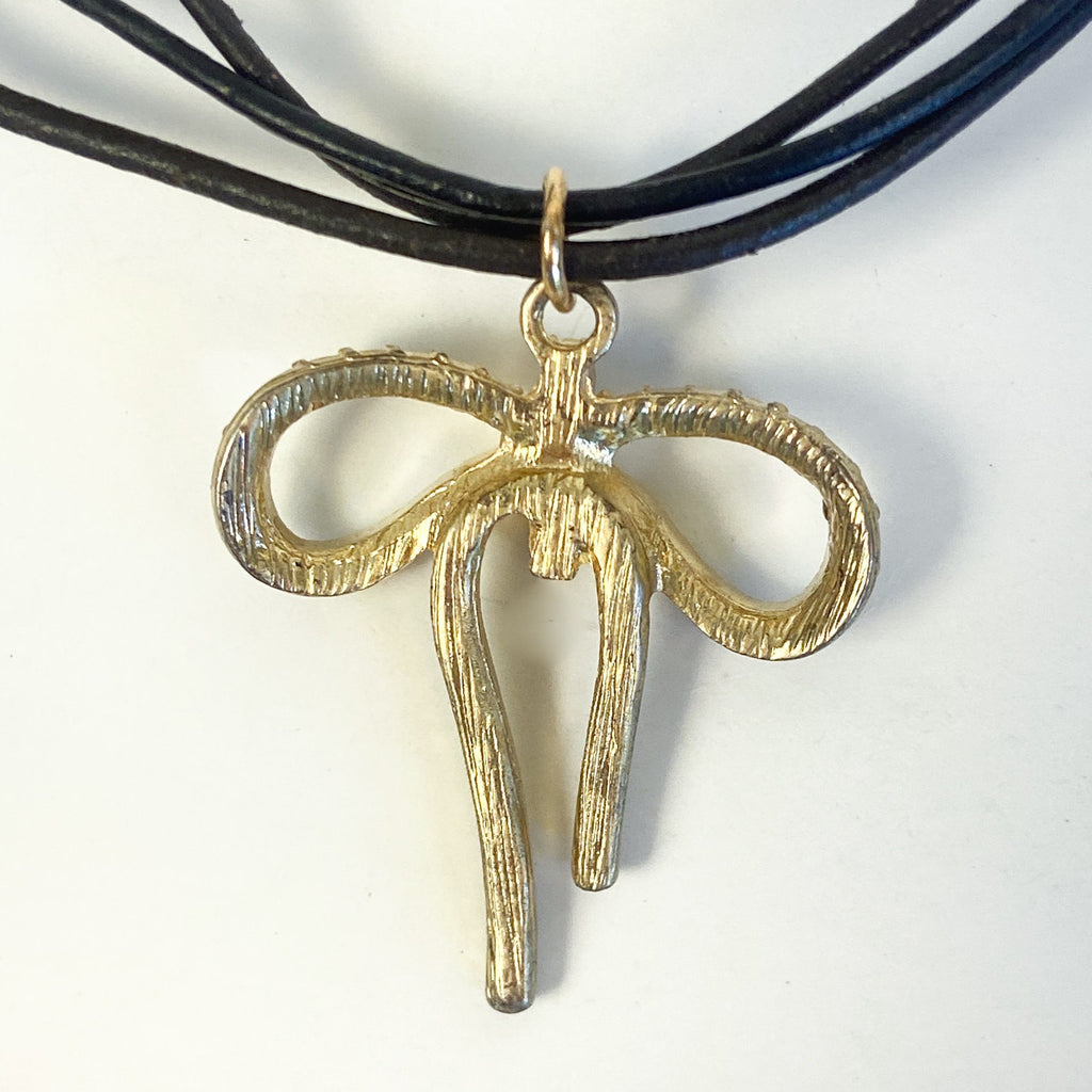 Gold with Pink Rhinestones Bow Necklace
