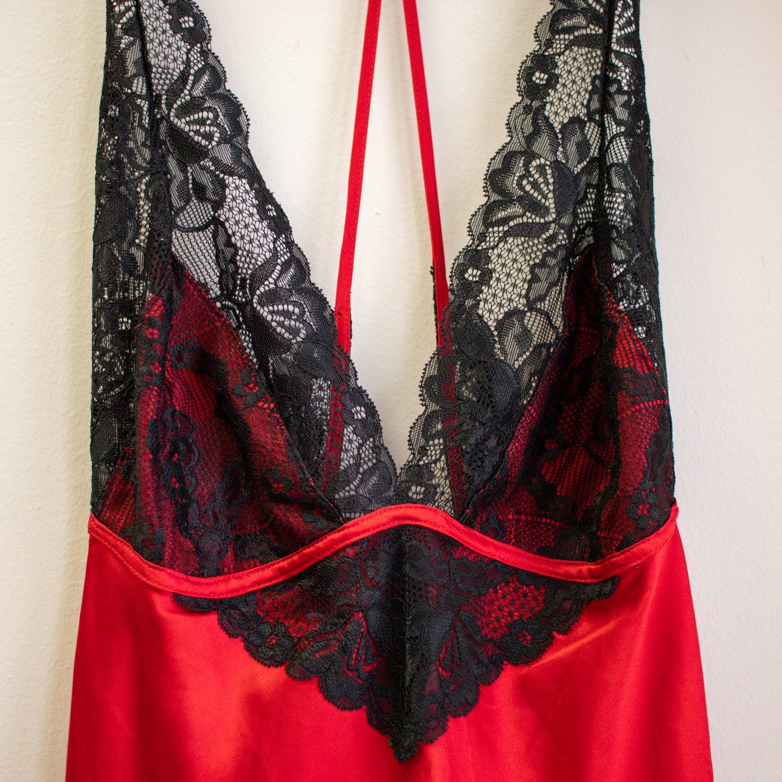 Jezebel Red and Black Lace Silky Slip Nighty Size Large