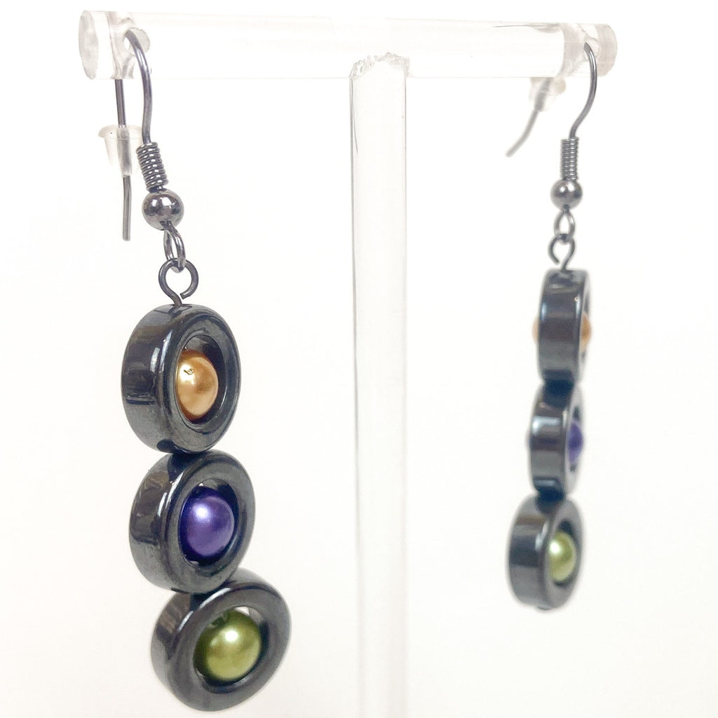 Hematite Colorful Bead Earrings Gunmetal Gray