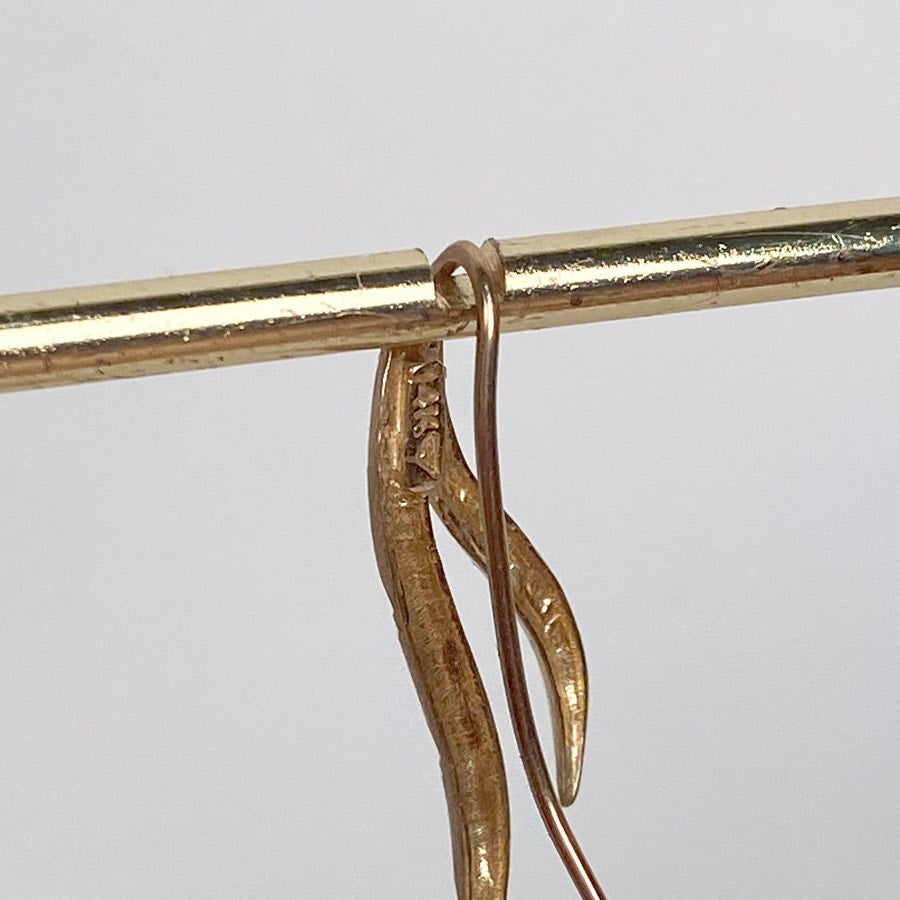 Signed 14k Yellow Gold Double Diamond Cut Design Wave Drop Earrings