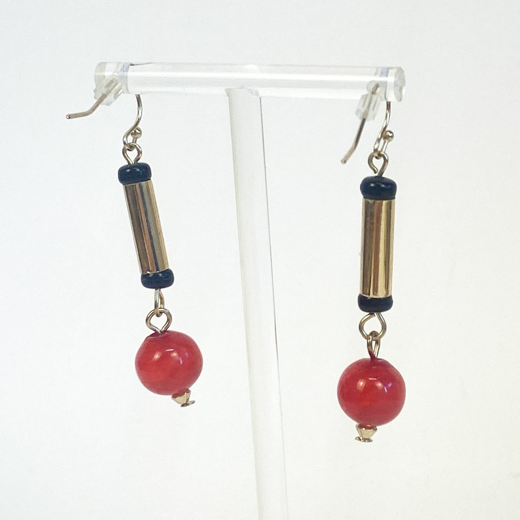 Gold and Red Dangly Earrings with Black Accents